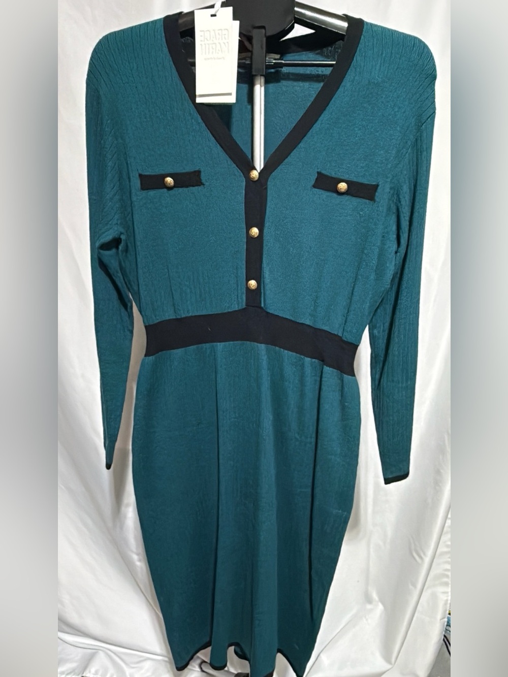 Grace Karin Teal Long Sleeve Dress with Black Trim- size XXL